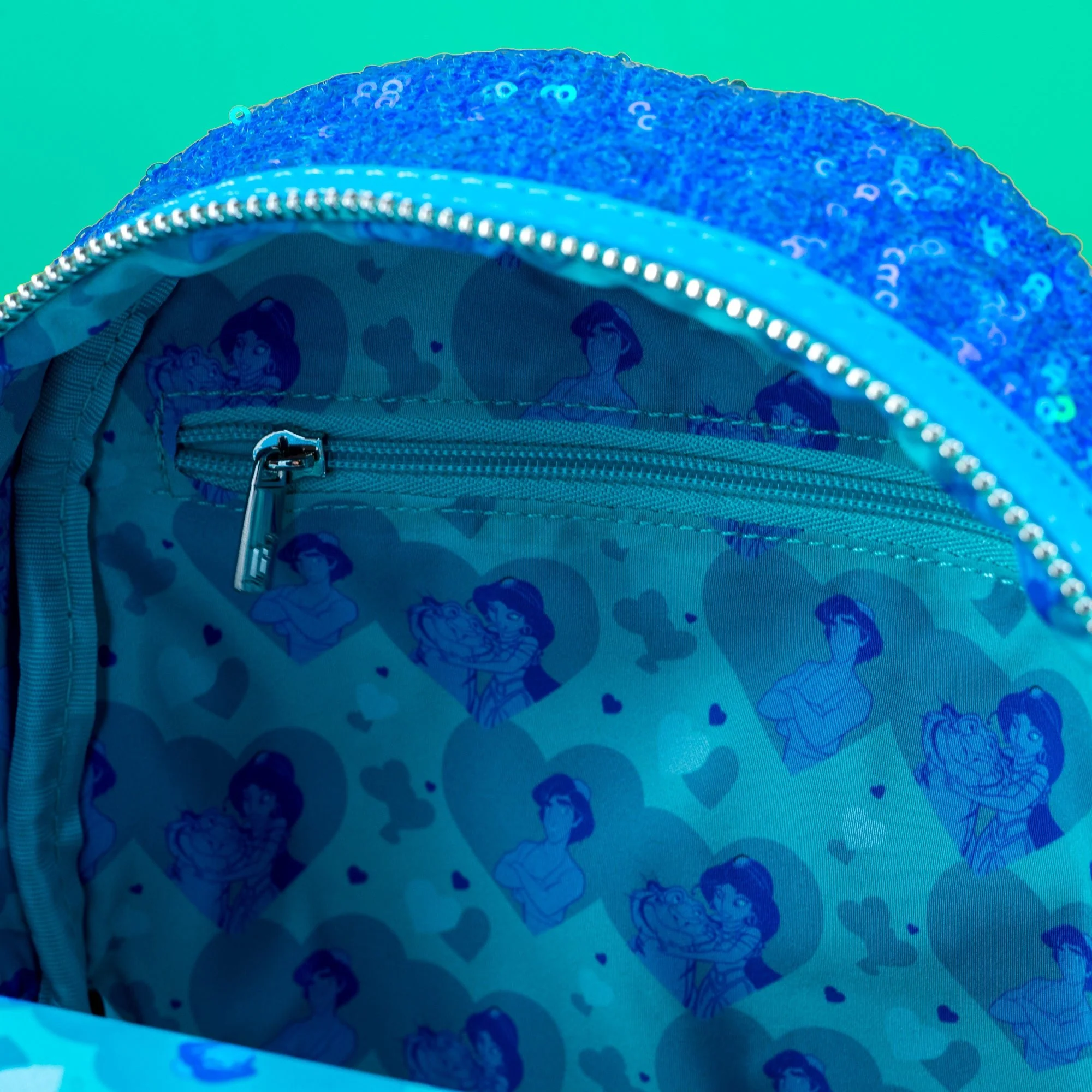 Loungefly x Disney Aladdin, Jasmine and Rajah Blue Sequin Mini Backpack - Image 4