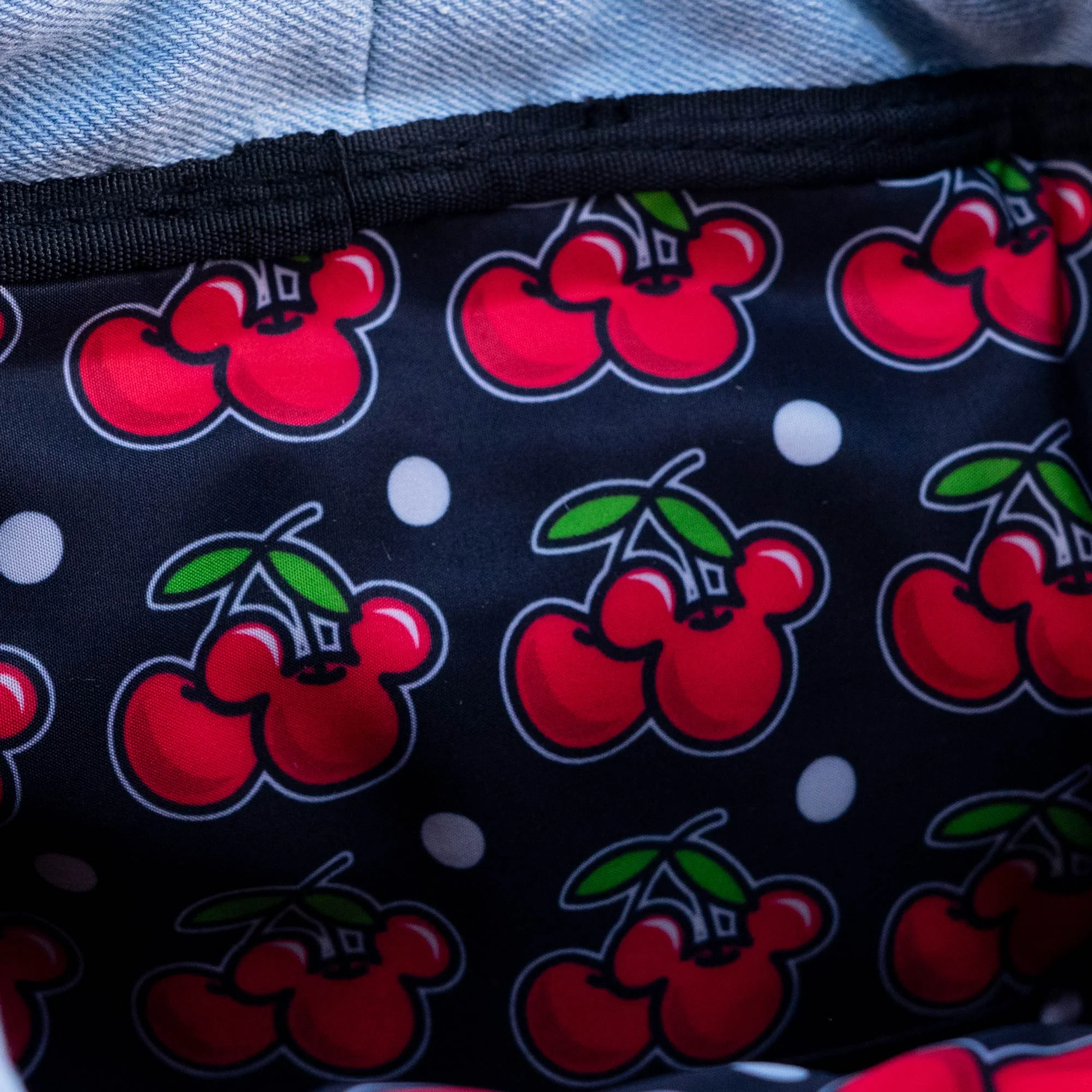 Loungefly x Disney Mickey and Minnie Denim Cherries Canvas Mini Backpack - Image 7
